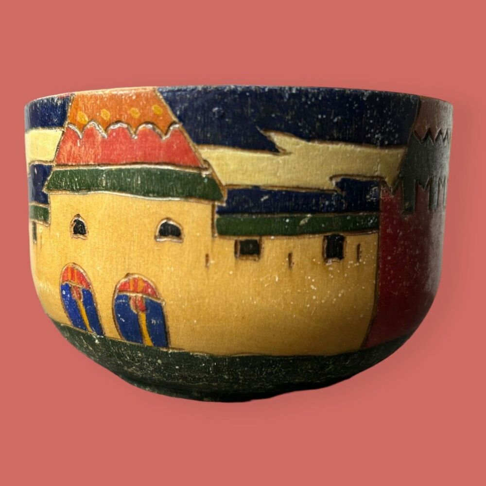 🪆 VTG HAND MADE PAINTED CARVED WOOD DISH BOWL DECORATIVE ACCENT SOUVENIR